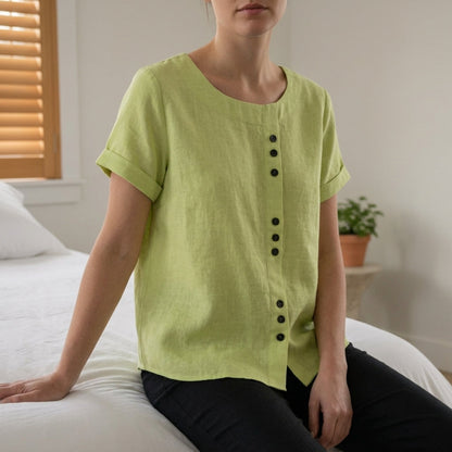 Linen Blend Button Front Top Relaxed Fit – Elara