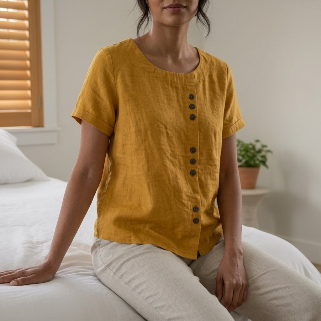 Linen Blend Button Front Top Relaxed Fit – Elara