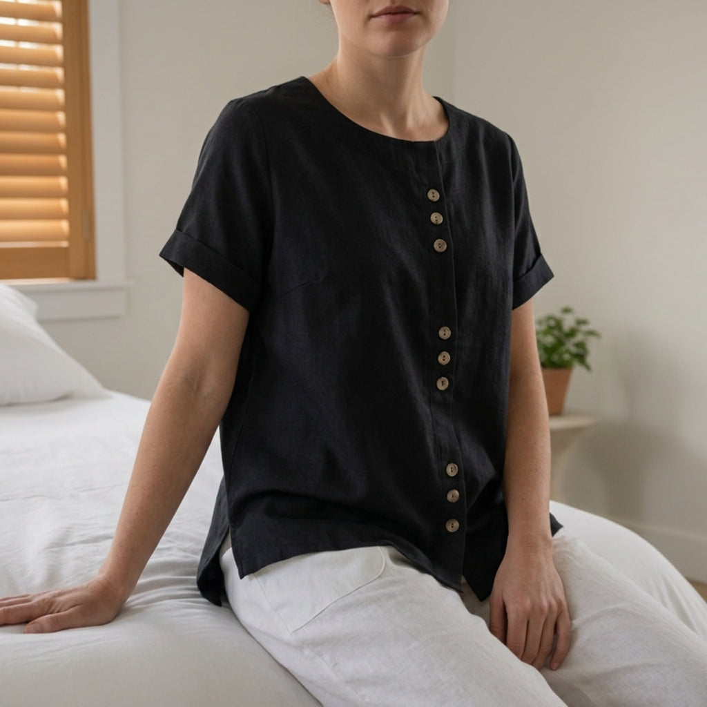 Linen Blend Button Front Top Relaxed Fit – Elara