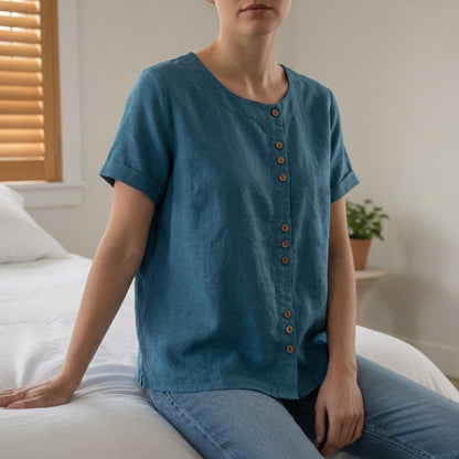 Linen Blend Button Front Top Relaxed Fit – Elara