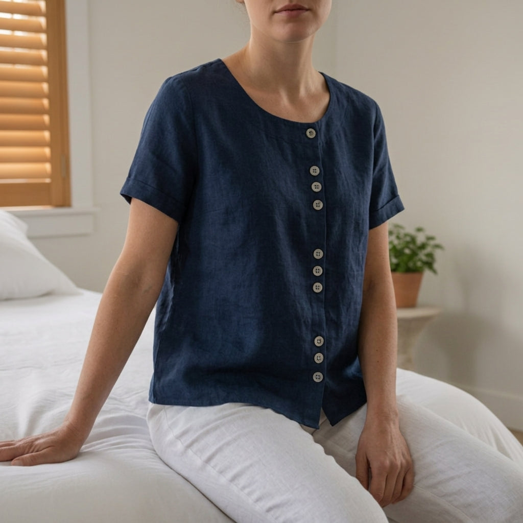 Linen Blend Button Front Top Relaxed Fit – Elara
