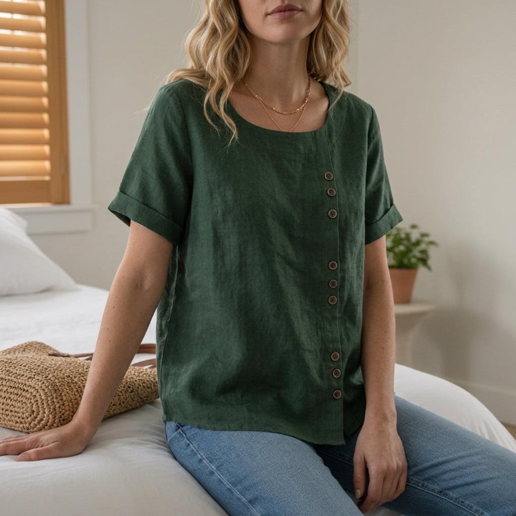 Linen Blend Button Front Top Relaxed Fit – Elara