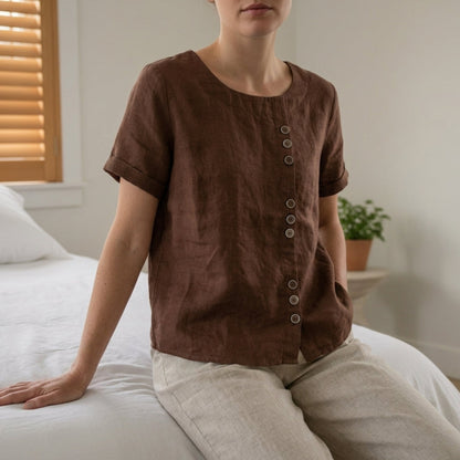 Linen Blend Button Front Top Relaxed Fit – Elara