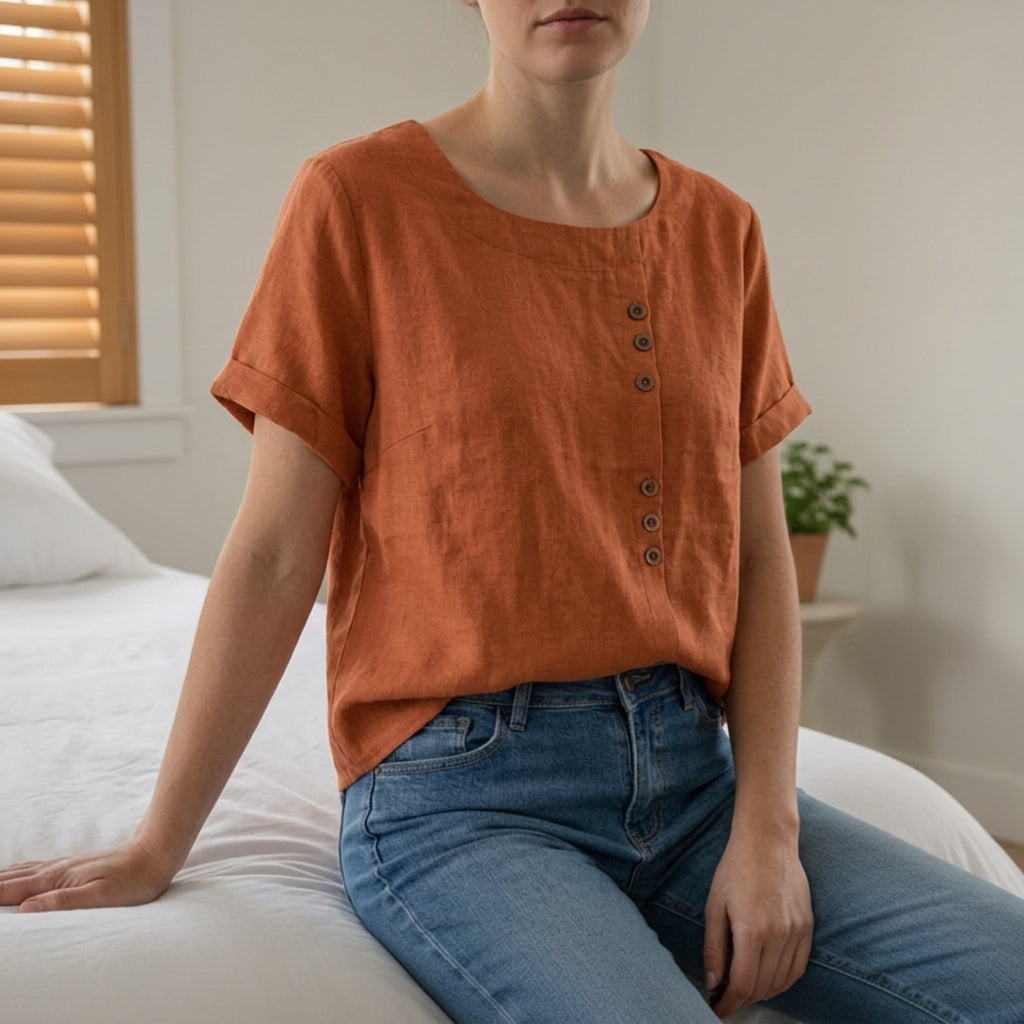 Linen Blend Button Front Top Relaxed Fit – Elara