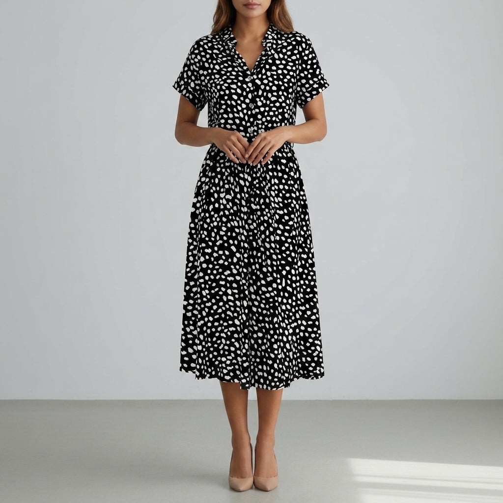 Women's Spotted Print Midi Dress Relaxed Bohemian Fit – Elara