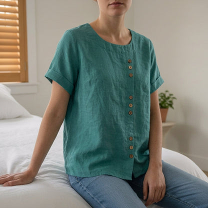 Linen Blend Button Front Top Relaxed Fit – Elara