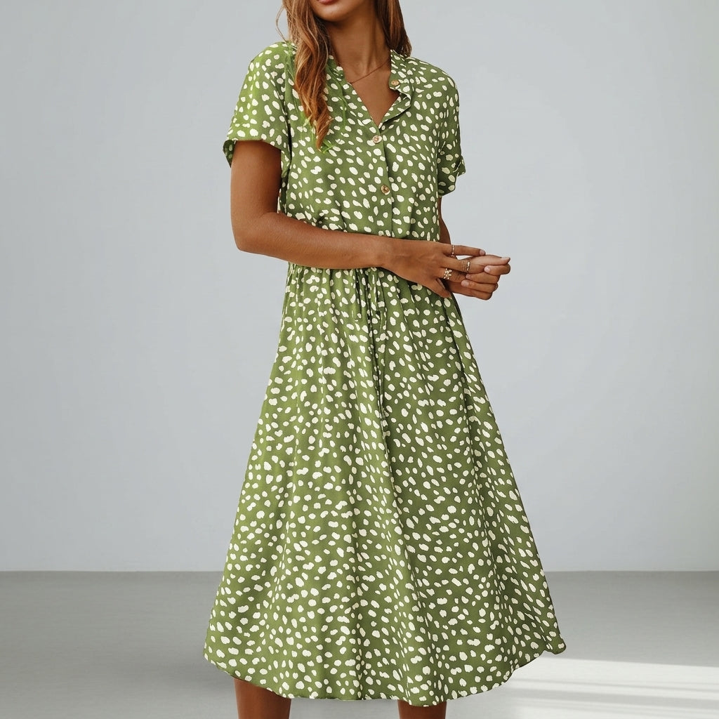 Women's Spotted Print Midi Dress Relaxed Bohemian Fit – Elara