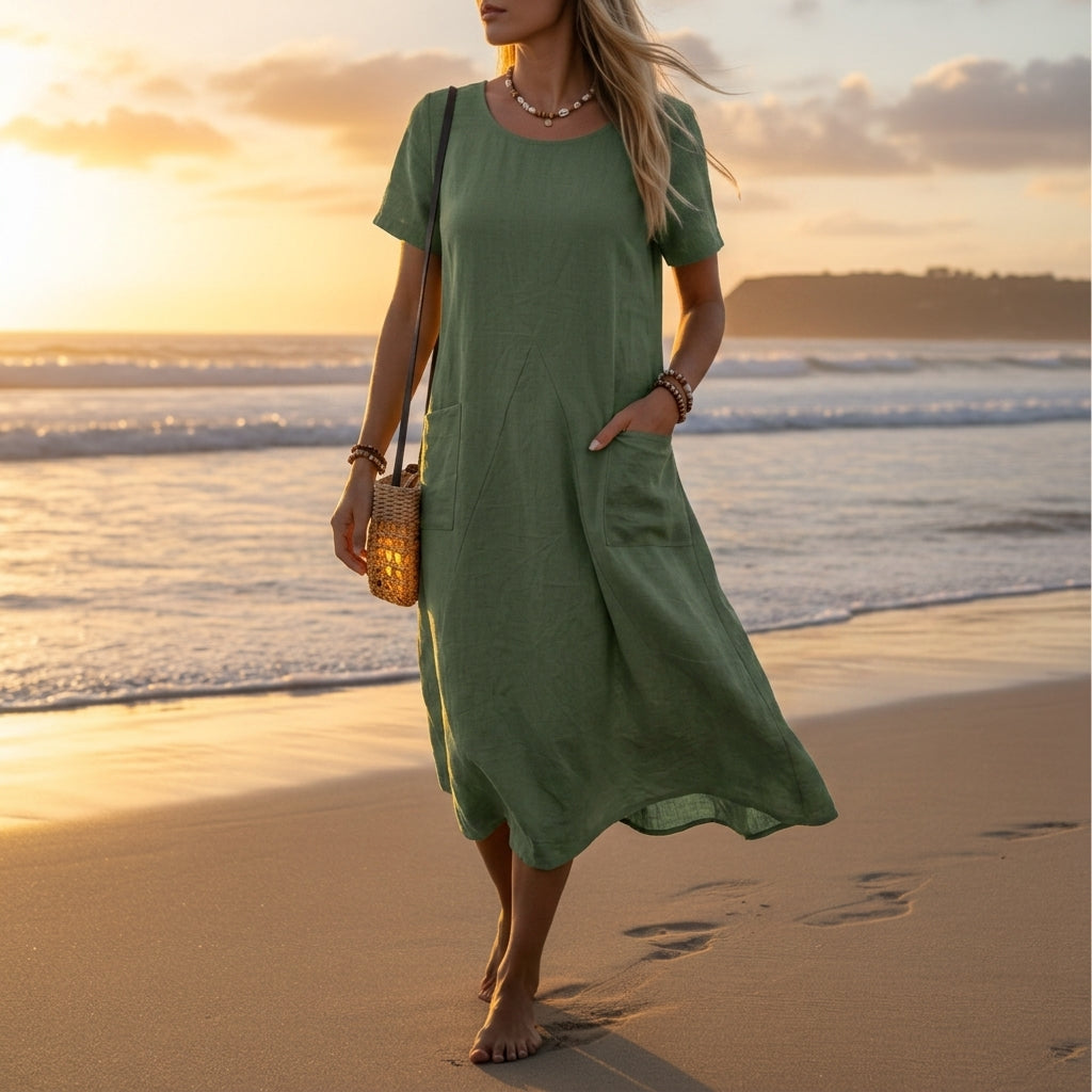 Women's Cotton Blend Panelled A-Line Midi Dress with Pockets – Maren