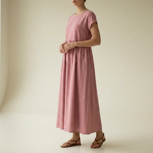 Women's Pleated Midi Dress Cotton Blend Capped Sleeves – Elara