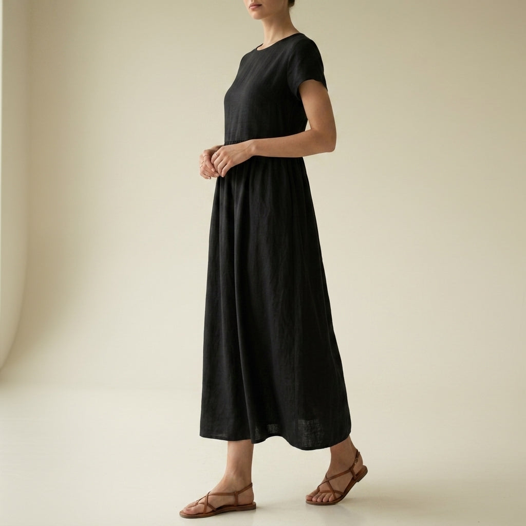 Women's Pleated Midi Dress Cotton Blend Capped Sleeves – Elara