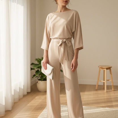 Women's Long Sleeve Belted Jumpsuit Comfortable Fit – Celeste