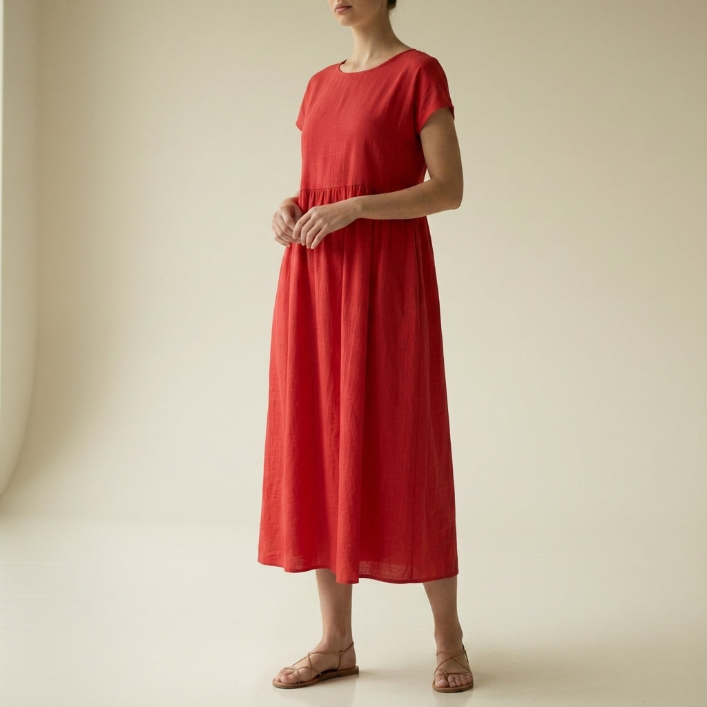 Women's Pleated Midi Dress Cotton Blend Capped Sleeves – Elara