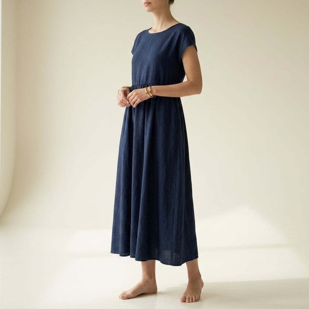 Women's Pleated Midi Dress Cotton Blend Capped Sleeves – Elara