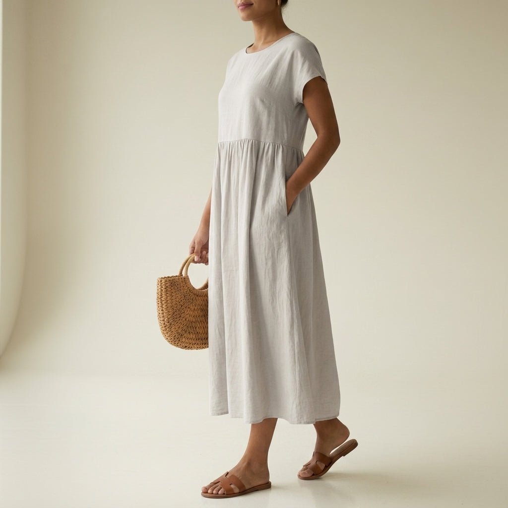 Women's Pleated Midi Dress Cotton Blend Capped Sleeves – Elara