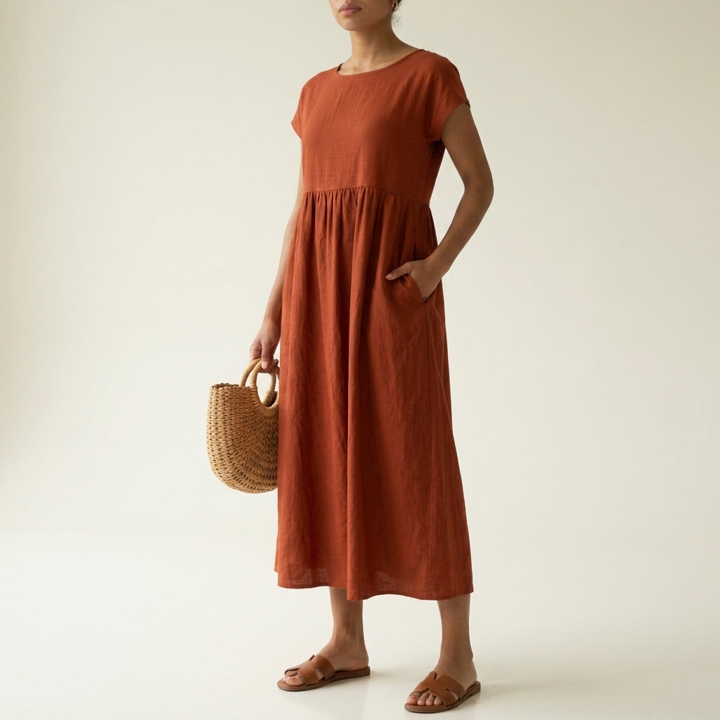 Women's Pleated Midi Dress Cotton Blend Capped Sleeves – Elara