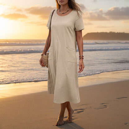 Women's Cotton Blend Panelled A-Line Midi Dress with Pockets – Maren