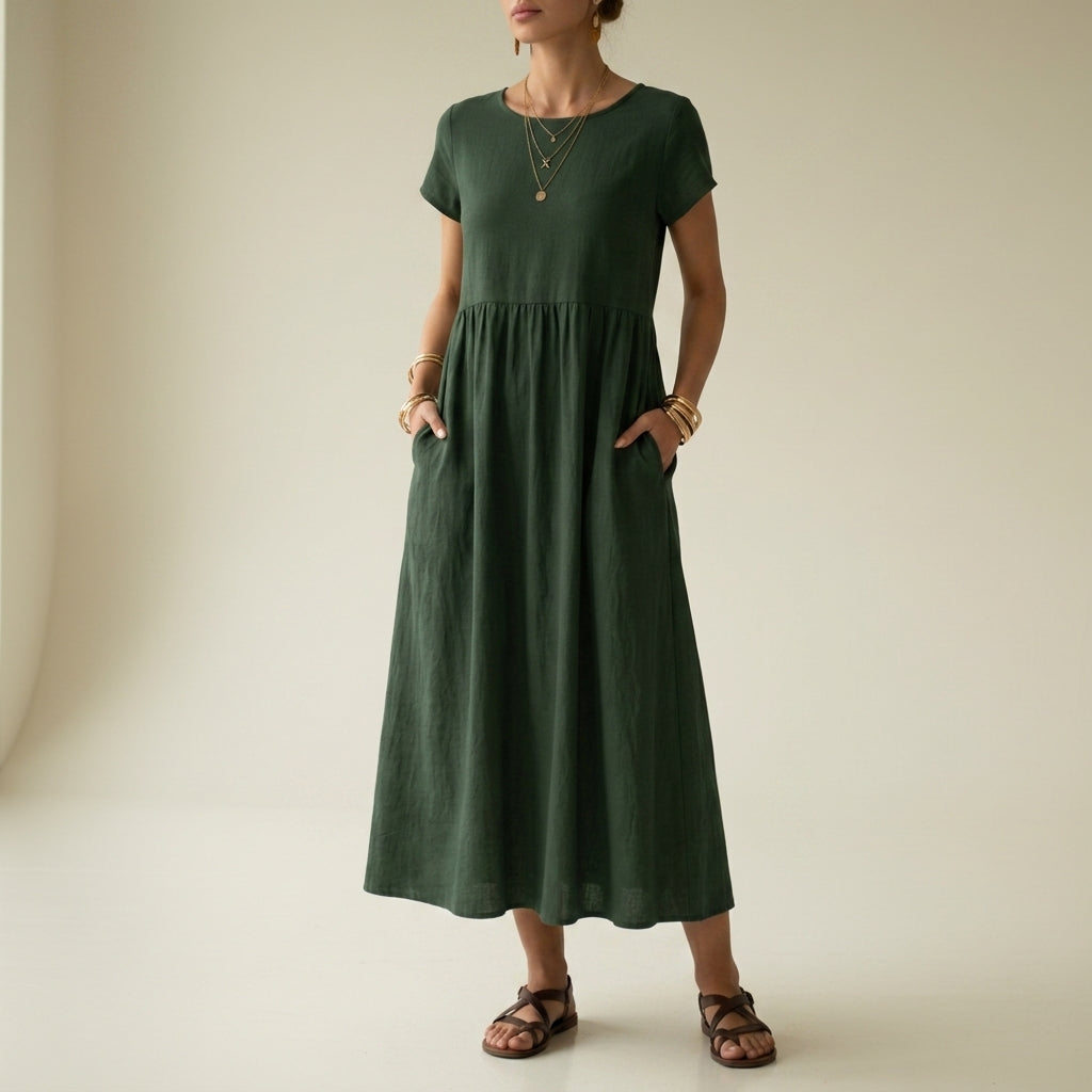 Women's Pleated Midi Dress Cotton Blend Capped Sleeves – Elara