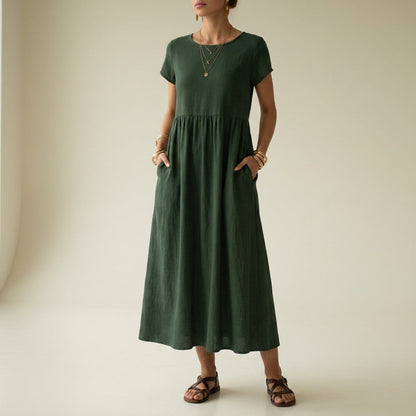 Women's Pleated Midi Dress Cotton Blend Capped Sleeves – Elara