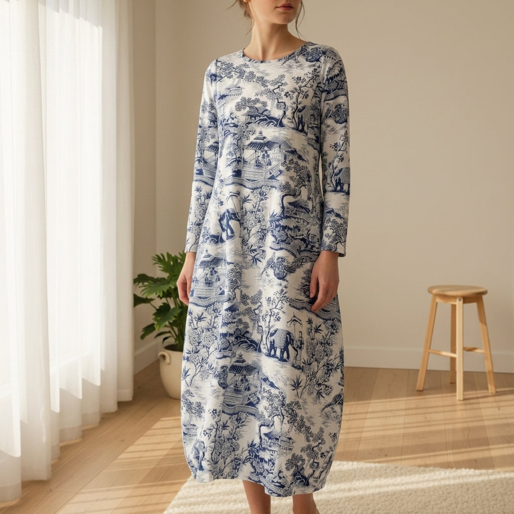 Women's Porcelain Print Midi Dress Flattering Silhouette – Celeste