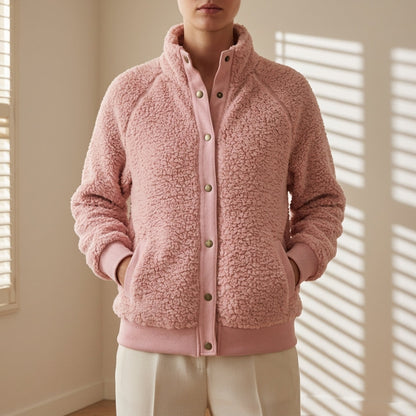 Fleece Sherpa Jacket Relaxed Fit Button Front – Elara