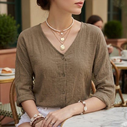 Women's Crinkle Button Blouse Soft Drape Refined Style – Elara