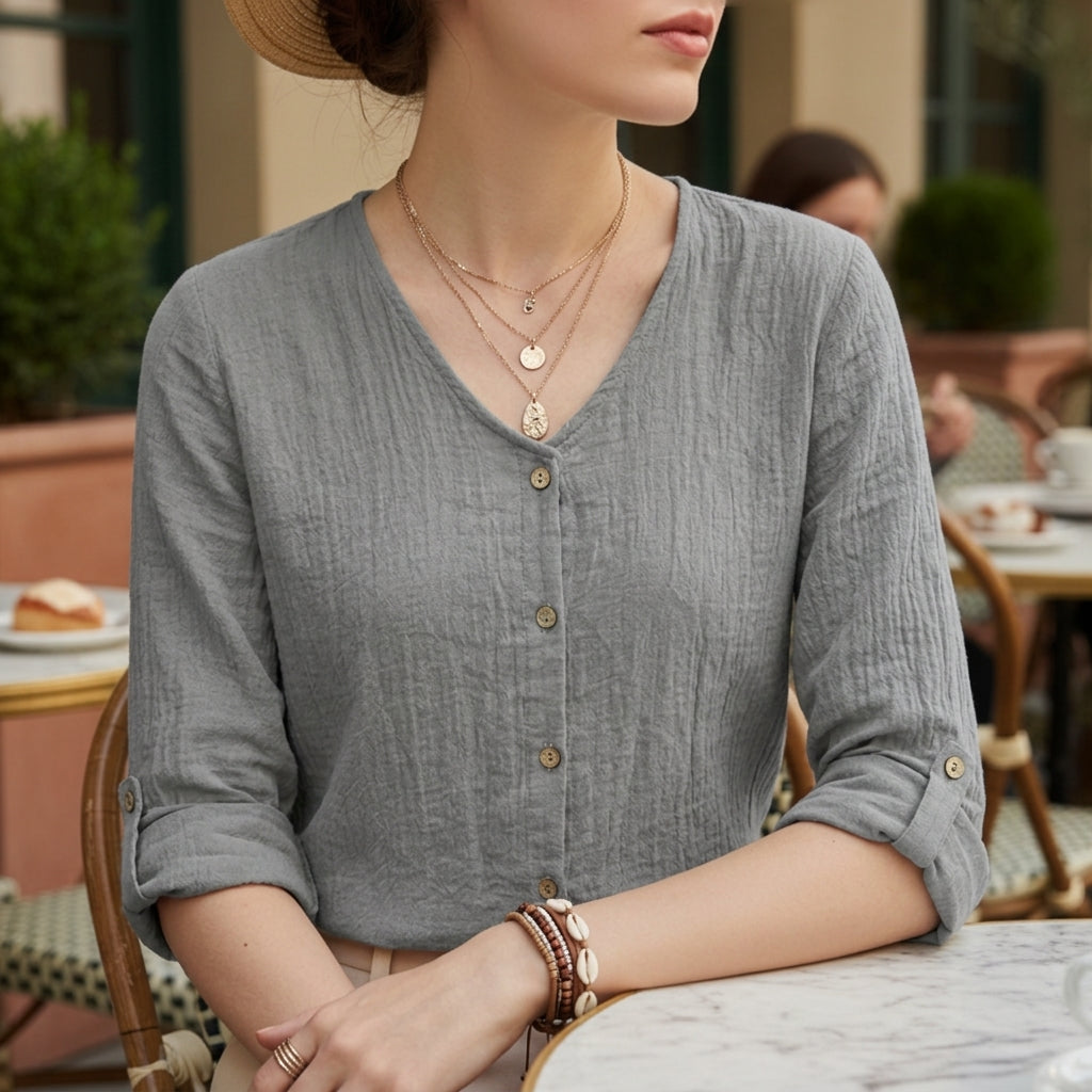Women's Crinkle Button Blouse Soft Drape Refined Style – Elara