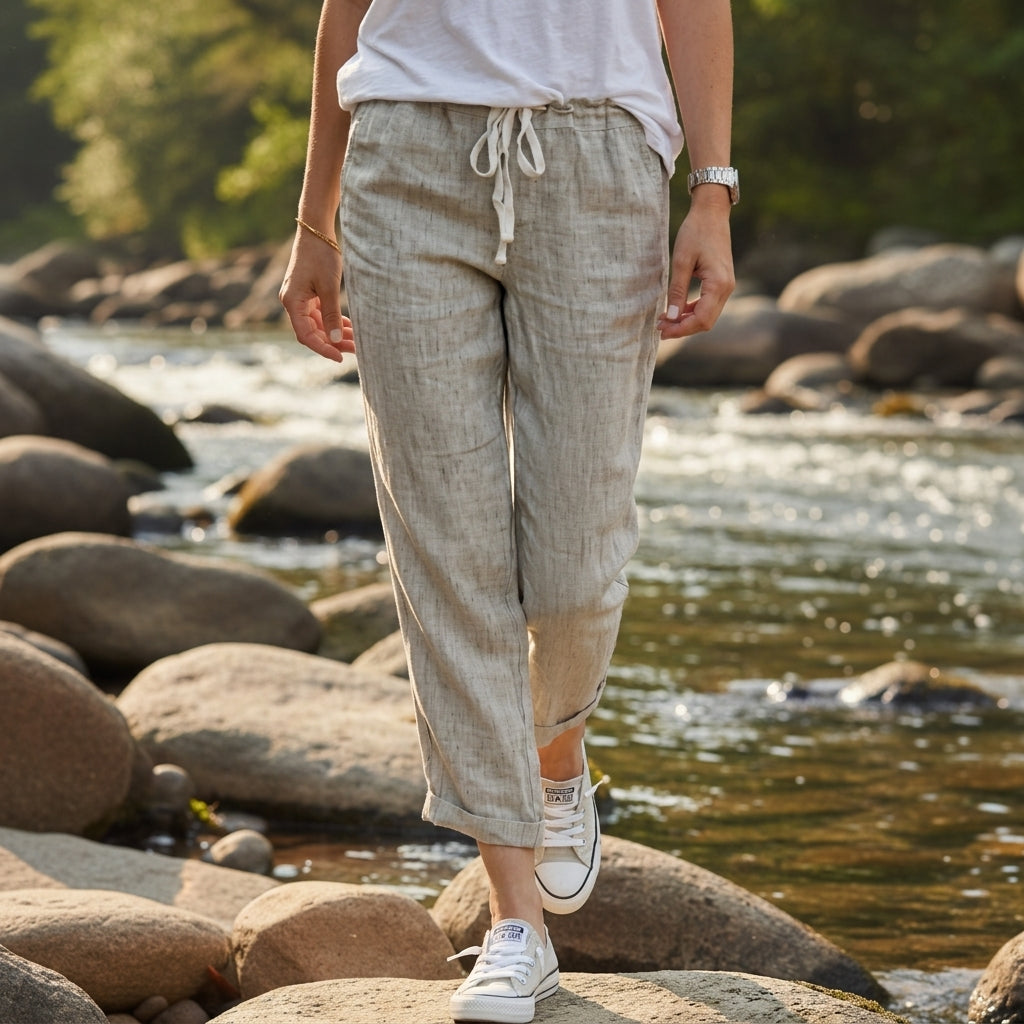 Women's Linen-Feel Straight Pants Relaxed Drawstring Fit – Elara