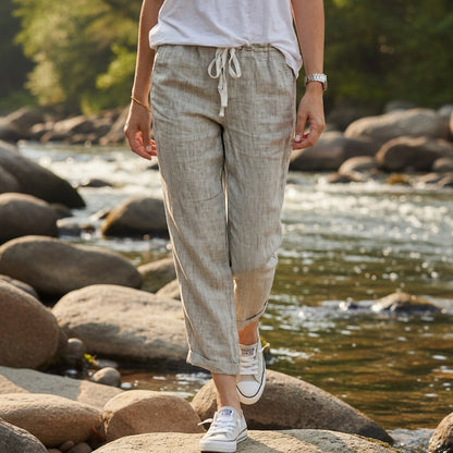 Women's Linen-Feel Straight Pants Relaxed Drawstring Fit – Elara