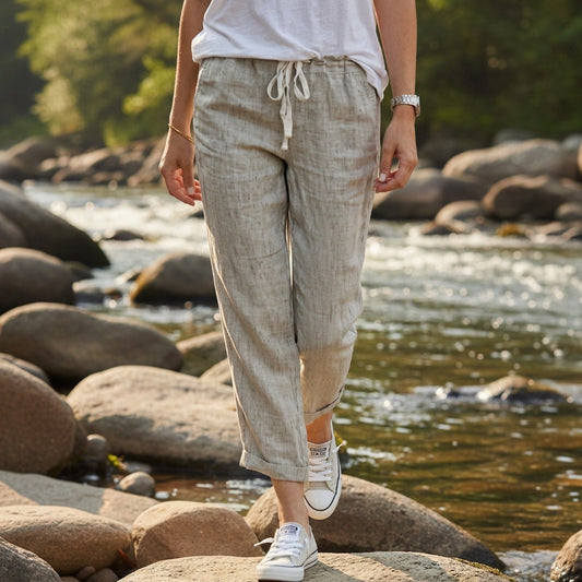 Women's Linen-Feel Straight Pants Relaxed Drawstring Fit – Elara