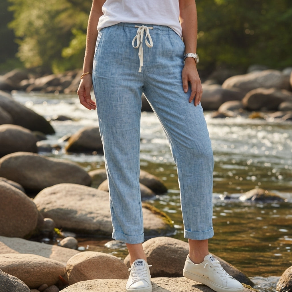 Women's Linen-Feel Straight Pants Relaxed Drawstring Fit – Elara