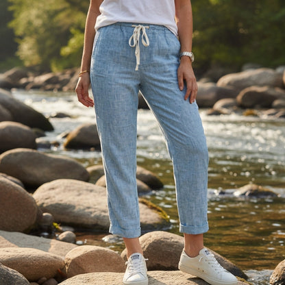 Women's Linen-Feel Straight Pants Relaxed Drawstring Fit – Elara