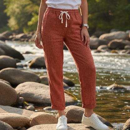 Women's Linen-Feel Straight Pants Relaxed Drawstring Fit – Elara