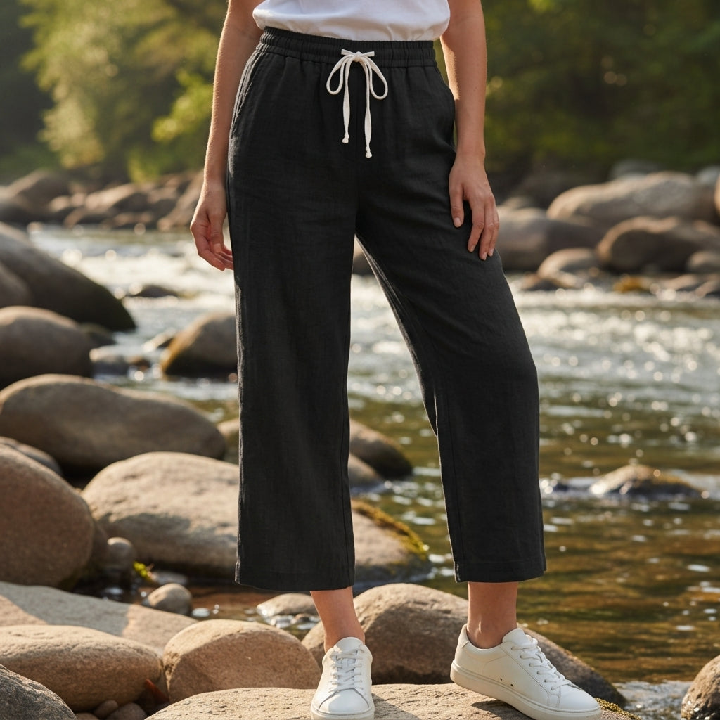 Women's Linen-Feel Straight Pants Relaxed Drawstring Fit – Elara