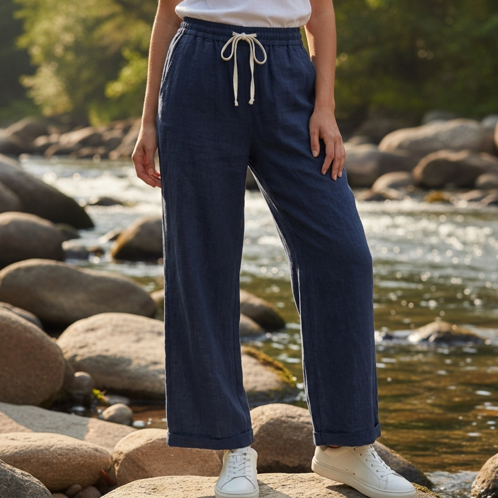 Women's Linen-Feel Straight Pants Relaxed Drawstring Fit – Elara