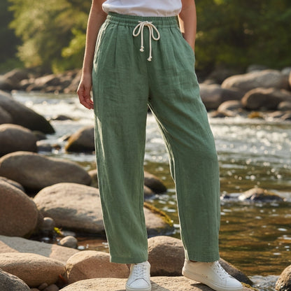Women's Linen-Feel Straight Pants Relaxed Drawstring Fit – Elara
