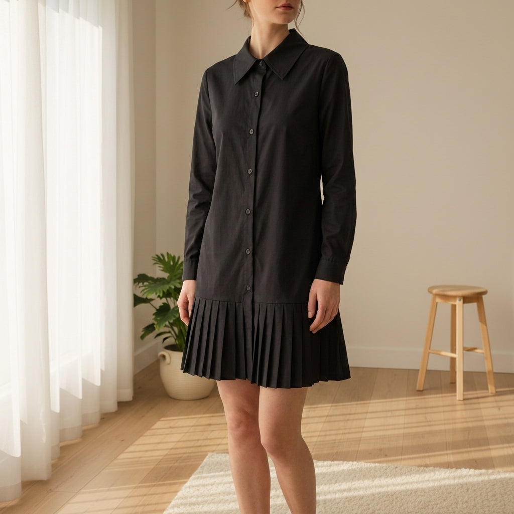 Women's Pleated Shirt Dress Refined Fabric Blend – Elara