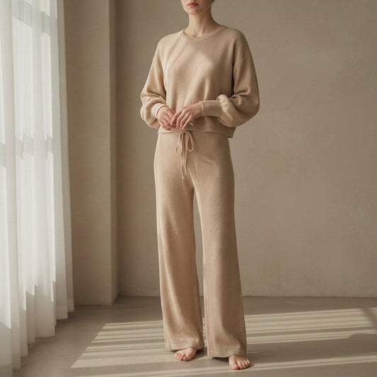 Women's Knit Lounge Two-Piece Set Relaxed Fit Round Neck – Elara