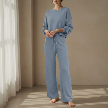 Women's Knit Lounge Two-Piece Set Relaxed Fit Round Neck – Elara