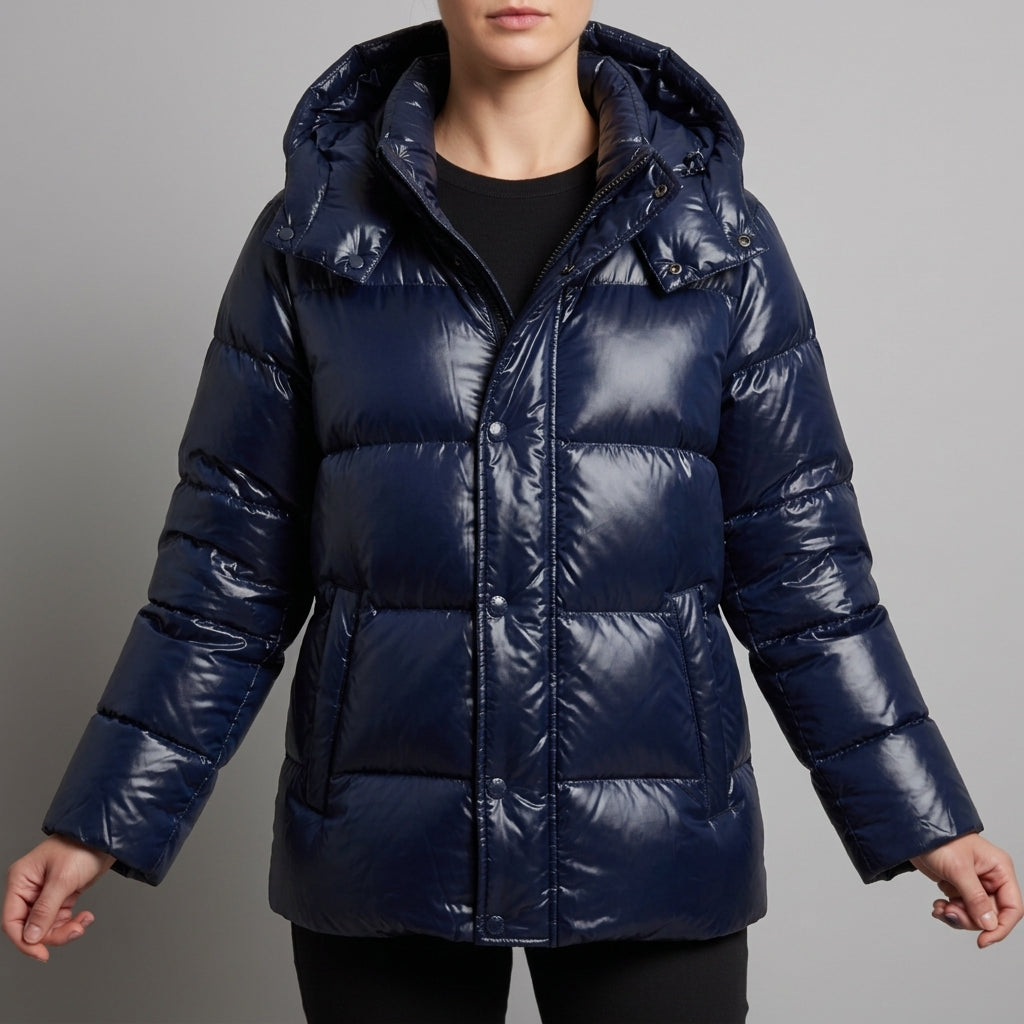 Glossy Hooded Puffer Jacket with Zip Closure – Elara