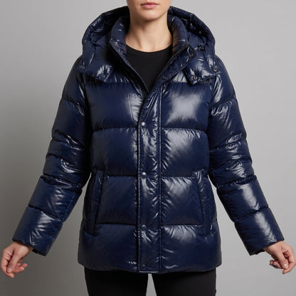 Glossy Hooded Puffer Jacket with Zip Closure – Elara
