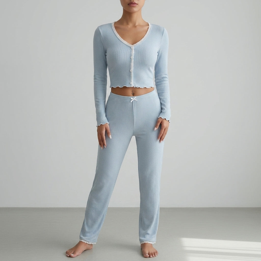 Women's Ribbed Lace Trim Pajama Set Soft Relaxed Fit – Elara