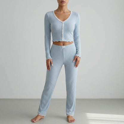 Women's Ribbed Lace Trim Pajama Set Soft Relaxed Fit – Elara