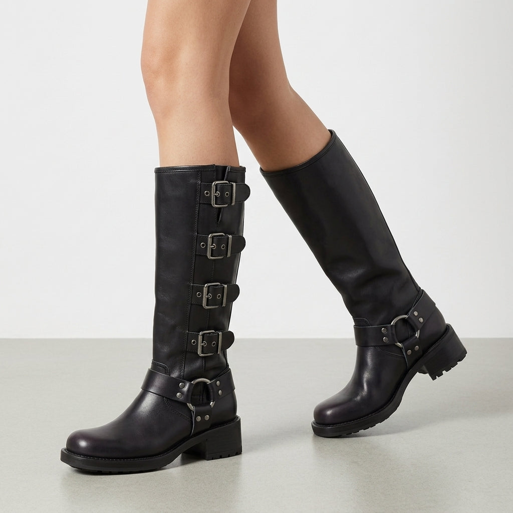 Women’s Faux Leather Western Knee Boots with Buckle Strap – Marisol
