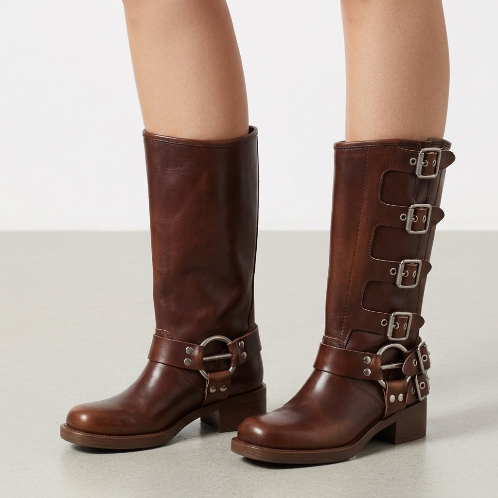Women’s Faux Leather Western Knee Boots with Buckle Strap – Marisol
