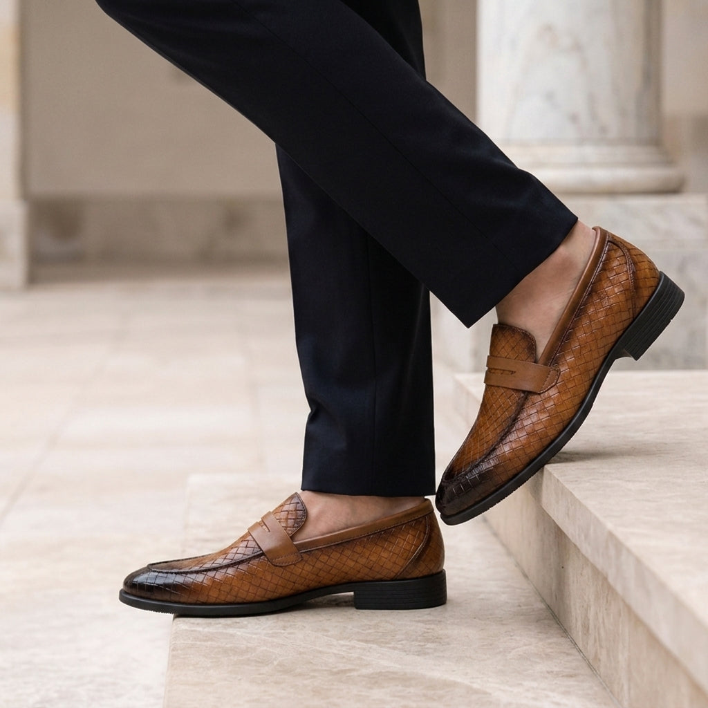 Woven Faux Leather Penny Loafers for Men Slip-On Style – Arlen