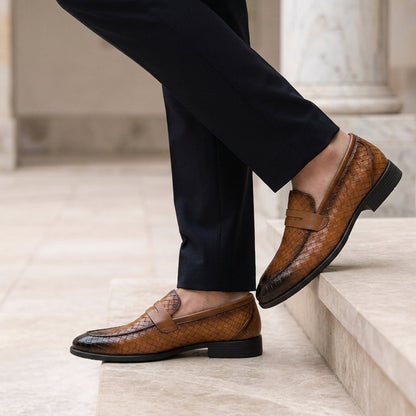 Woven Faux Leather Penny Loafers for Men Slip-On Style – Arlen