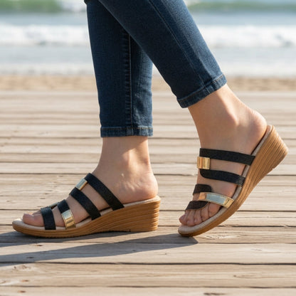 Metallic Strappy Wedge Sandals for Women Lightweight Slip-On – Marielle