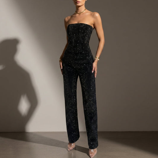 Women's Glitter Jumpsuit Strapless High-Waisted Evening – Maribel