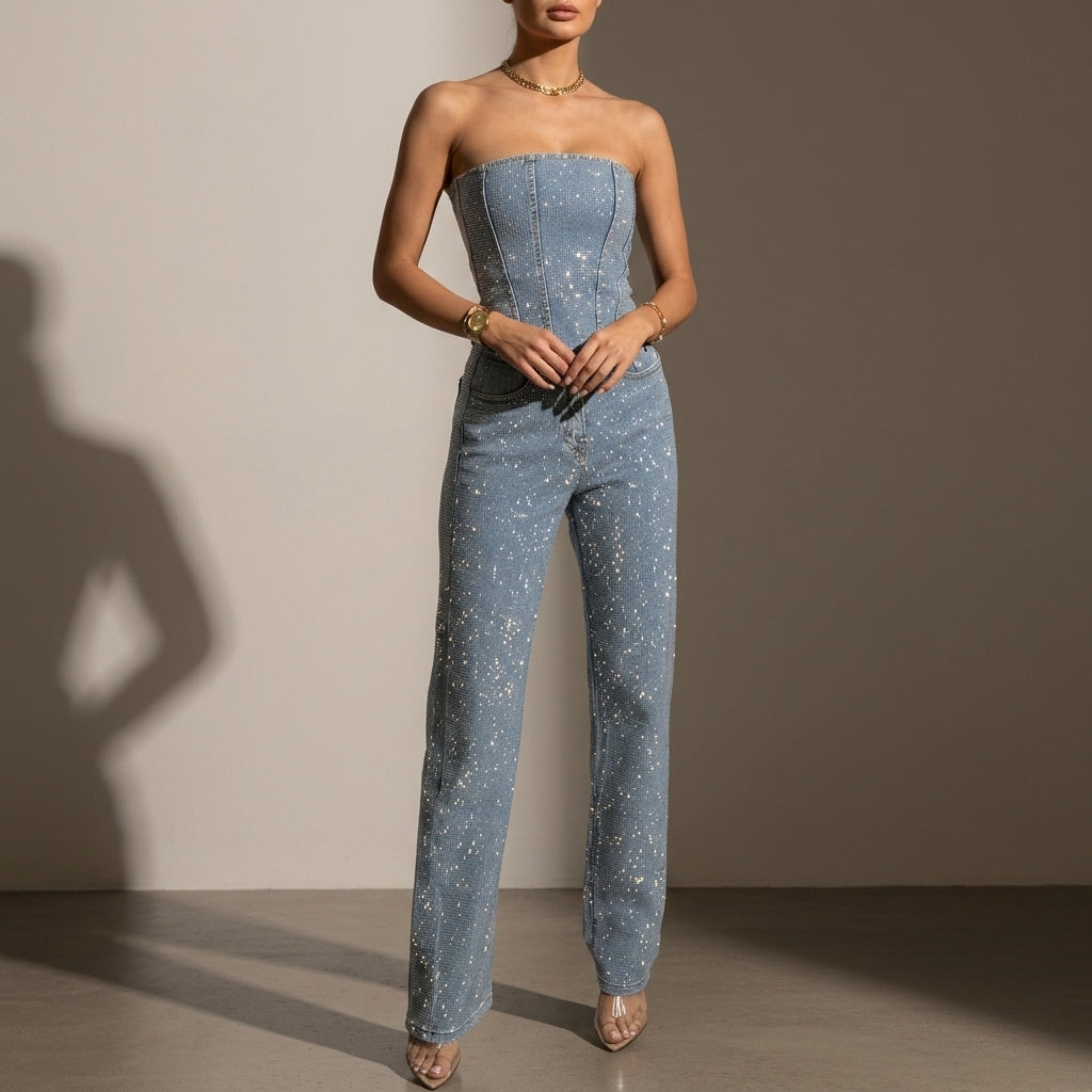 Women's Glitter Jumpsuit Strapless High-Waisted Evening – Maribel