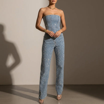Women's Glitter Jumpsuit Strapless High-Waisted Evening – Maribel